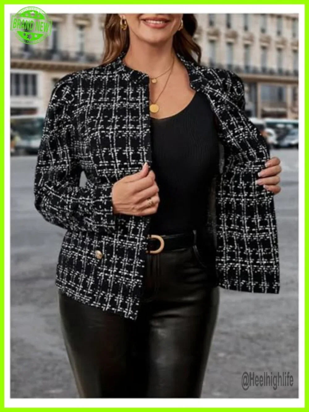 Elegant Long Sleeve Tweed Jacket Open Front Blazer Office Work Business Casual